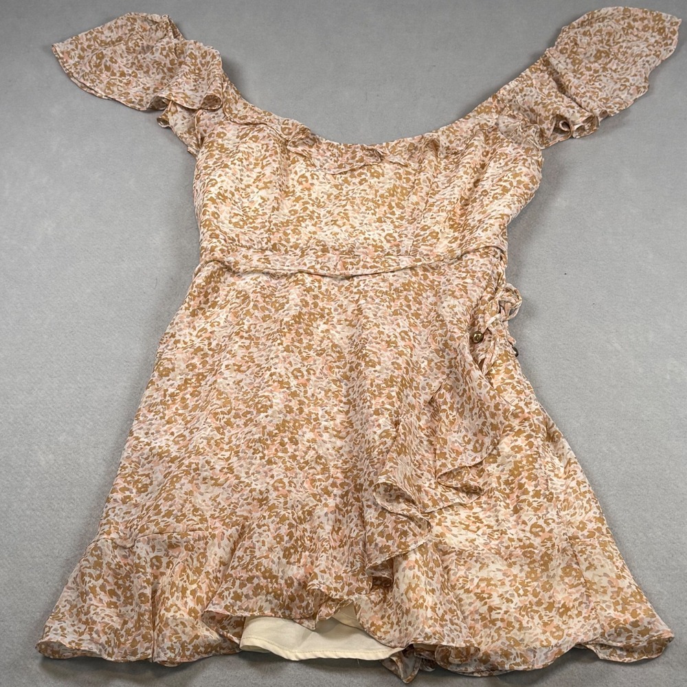 Hello Molly Tan Floral Ruffle Off Shoulder Mini Wrap Dress Womens Size S US 4
